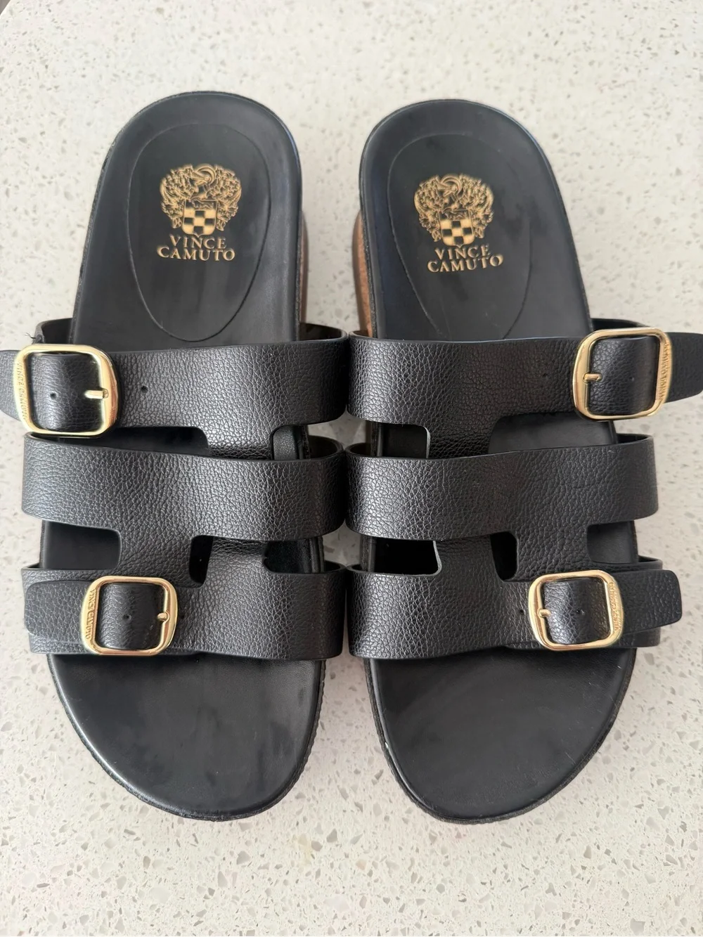Vince Camuto Black Slide Sandals with Gold Buckle Detail